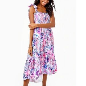 Lilly Pulitzer Rivera Midi Dress Size Large Flawless Resort Chic Smocked Bodice